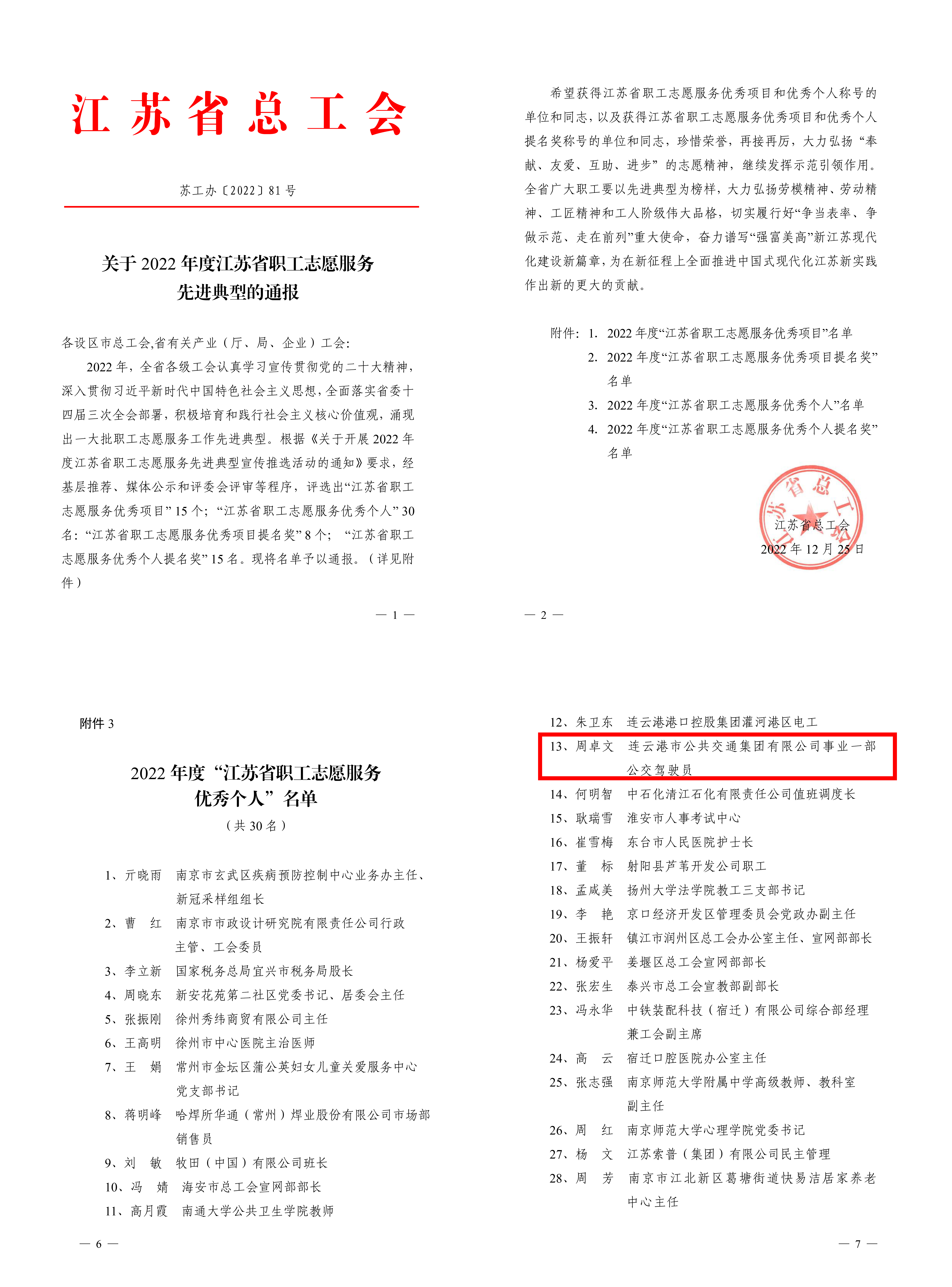 公交集團公交事業一部駕駛員周卓文榮獲“江蘇省職工志愿服務優秀個人”榮譽稱號